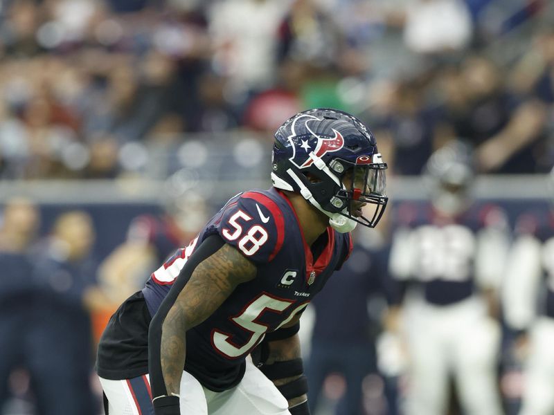 Houston Texans linebacker Christian Kirksey (58) lines up for the snap during an NFL football game against the Jacksonville Jaguars on Sunday, January 1, 2023, in Houston. (AP Photo/Matt Patterson)