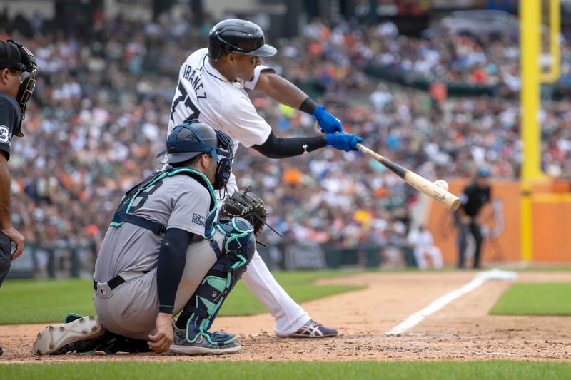 Aug 17, 2024; Detroit, Michigan, USA; Detroit Tigers shortstop Javier Báez (28) hits a two-run RBI double in the second inning against the New York Yankees at Comerica Park. Mandatory Credit: David Reginek-USA TODAY Sports