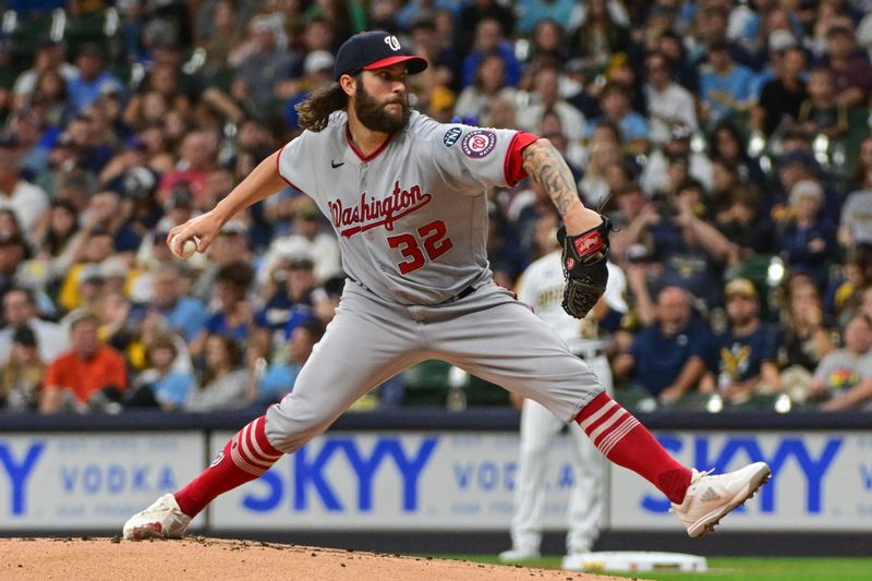 Sep 16, 2023; Milwaukee, Wisconsin, USA;  Washington Nationals pitcher Trevor Williams (32) pitches against the Milwaukee Brewers in the first inning at American Family Field. Mandatory Credit: Benny Sieu-USA TODAY Sports