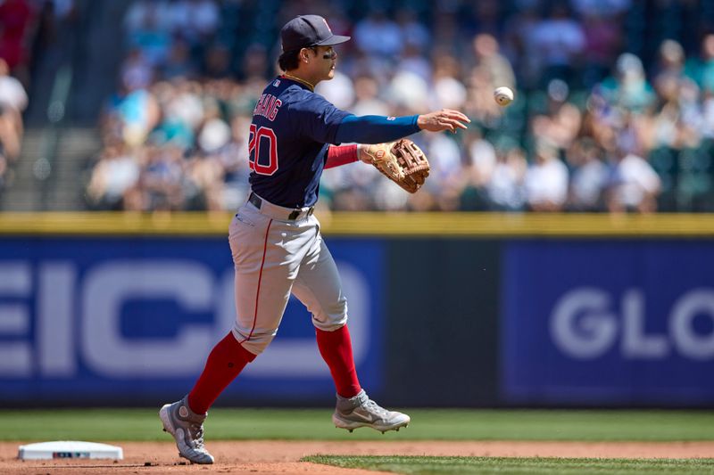 Aug 2, 2023; Seattle, Washington, USA; Boston Red Sox shortstop Yu Chang throws out Seattle Mariners player Teoscar Hernandez (not pictured) at first during the second inning at T-Mobile Park. Mandatory Credit: John Froschauer-USA TODAY Sports