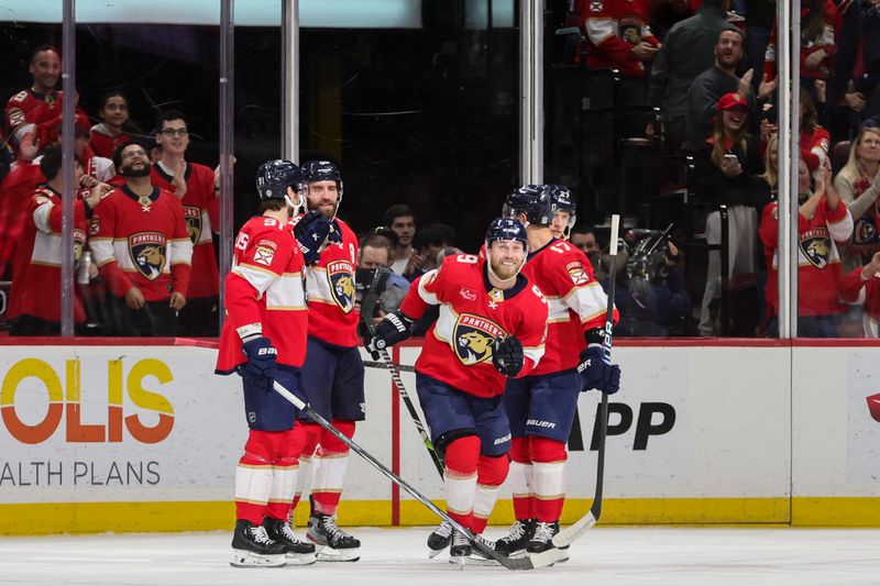 Jan 15, 2024; Sunrise, Florida, USA; Florida Panthers center Sam Bennett (9) celebrates after scoring against the Anaheim Ducks during the first period at Amerant Bank Arena. Mandatory Credit: Sam Navarro-USA TODAY Sports