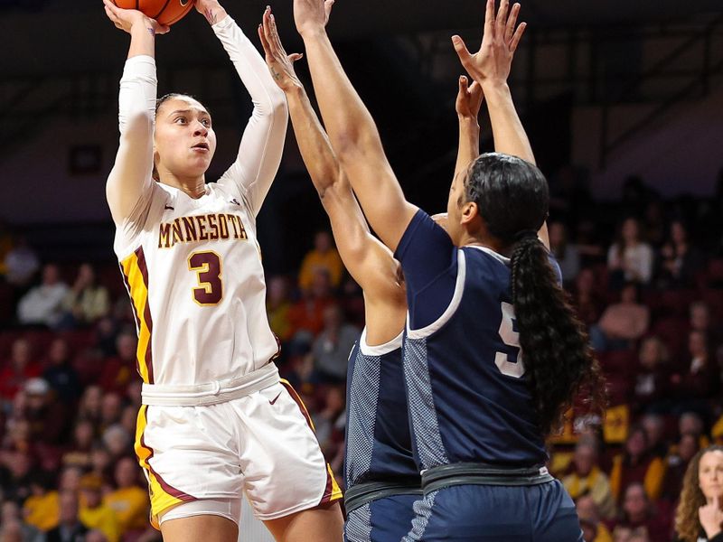 Jan 31, 2024; Minneapolis, Minnesota, USA; Minnesota Golden Gophers guard Amaya Battle (3) shoots as Penn State Nittany Lions guard Leilani Kapinus (5) defends during the first half at Williams Arena. Mandatory Credit: Matt Krohn-USA TODAY Sports