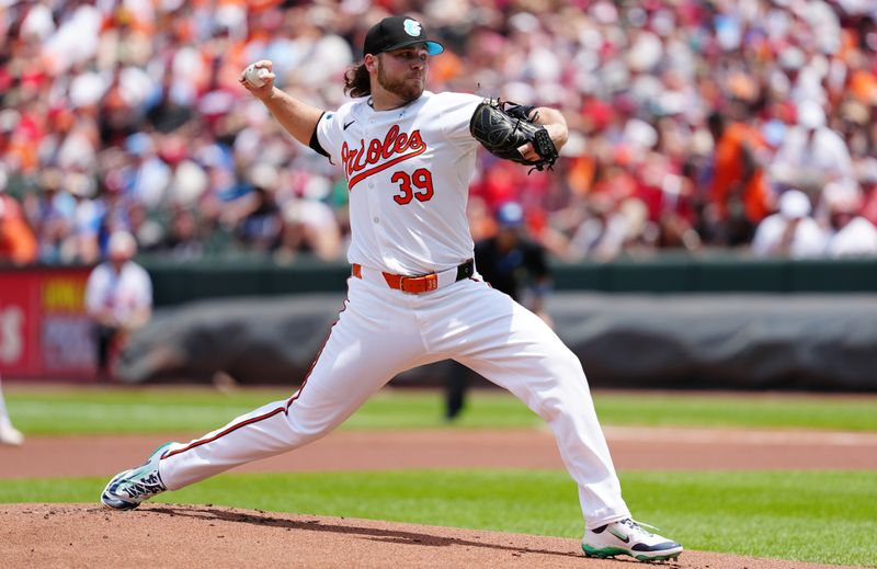 Jun 16, 2024; Baltimore, Maryland, USA; Baltimore Orioles pitcher Corbin Burnes (39) delivers a pitch against the Philadelphia Phillies during the first inning at Oriole Park at Camden Yards. Mandatory Credit: Gregory Fisher-USA TODAY Sports