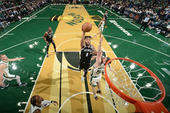 BOSTON, MA - NOVEMBER 10: Trendon Watford #9 of the Brooklyn Nets shoots the ball during the game against the Boston Celtics during the In-Season Tournament on November 10, 2023 at the TD Garden in Boston, Massachusetts. NOTE TO USER: User expressly acknowledges and agrees that, by downloading and or using this photograph, User is consenting to the terms and conditions of the Getty Images License Agreement. Mandatory Copyright Notice: Copyright 2023 NBAE  (Photo by Brian Babineau/NBAE via Getty Images)