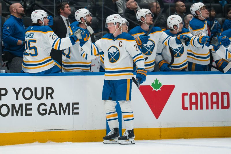 Dec 11, 2025; Vancouver, British Columbia, CAN; Buffalo Sabres defenseman Rasmus Dahlin (26) celebrates his goal against the Vancouver Canucks in the first period at Rogers Arena. Mandatory Credit: Bob Frid-Imagn Images