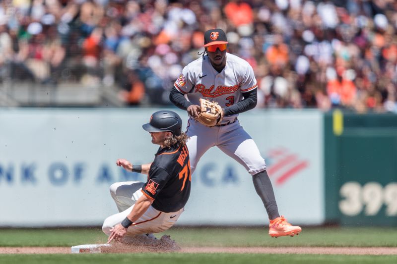 Jun 4, 2023; San Francisco, California, USA; Baltimore Orioles shortstop Jorge Mateo (3) tags out San Francisco Giants second baseman Brett Wisely (70) during the sixth inning at Oracle Park. Mandatory Credit: John Hefti-USA TODAY Sports