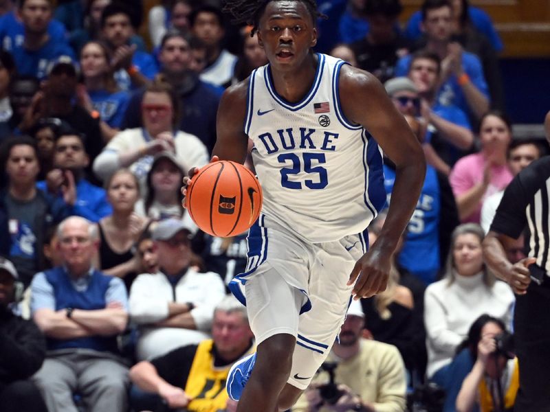 Feb 12, 2024; Durham, North Carolina, USA;  Duke Blue Devils forward Mark Mitchell (25) dribbles up court during the second half against the Wake Forest Deamon Deacons at Cameron Indoor Stadium. The Blue Devils won 77-69. Mandatory Credit: Rob Kinnan-USA TODAY Sports