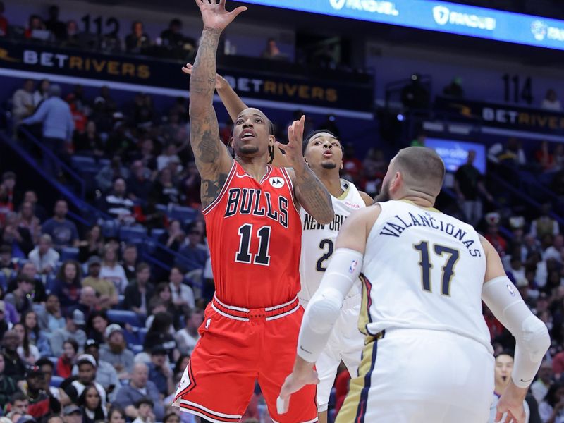 NEW ORLEANS, LOUISIANA - FEBRUARY 25: DeMar DeRozan #11 of the Chicago Bulls shoots against Jonas Valanciunas #17 of the New Orleans Pelicans during the first half at the Smoothie King Center on February 25, 2024 in New Orleans, Louisiana. NOTE TO USER: User expressly acknowledges and agrees that, by downloading and or using this Photograph, user is consenting to the terms and conditions of the Getty Images License Agreement. (Photo by Jonathan Bachman/Getty Images)