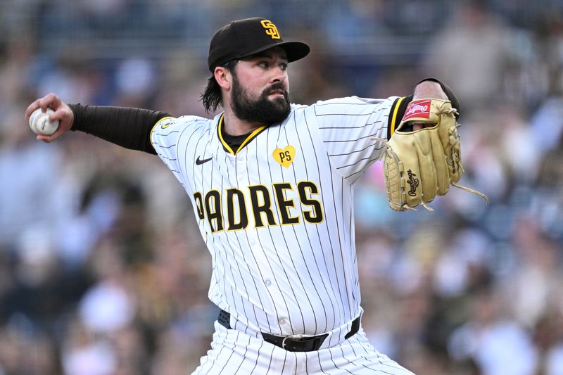 Apr 29, 2024; San Diego, California, USA; San Diego Padres starting pitcher Matt Waldron (61) throws a pitch against the Cincinnati Reds during the first inning at Petco Park. Mandatory Credit: Orlando Ramirez-USA TODAY Sports 