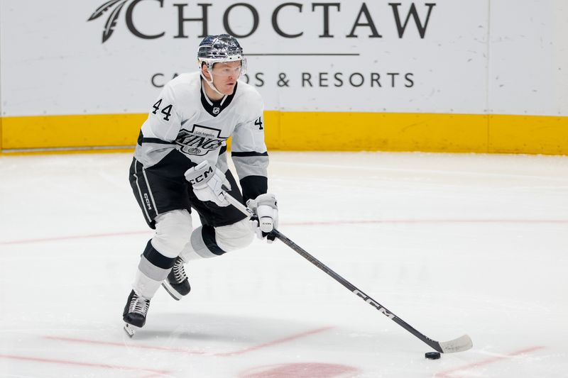 Mar 16, 2024; Dallas, Texas, USA; Los Angeles Kings defenseman Mikey Anderson (44) skates with the puck during the first period against the Dallas Stars at American Airlines Center. Mandatory Credit: Andrew Dieb-USA TODAY Sports