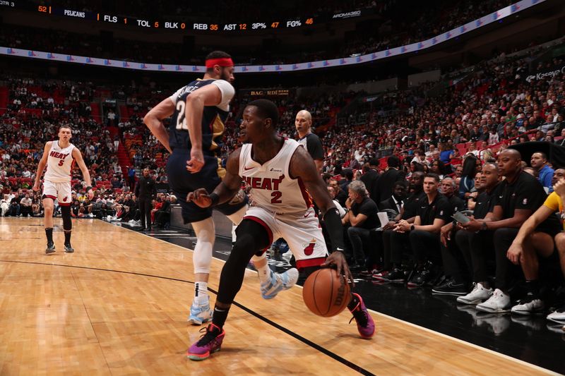 MIAMI, FL - MARCH 22: Terry Rozier #2 of the Miami Heat handles the ball during the game against the New Orleans Pelicans on March 22, 2024 at Kaseya Center in Miami, Florida. NOTE TO USER: User expressly acknowledges and agrees that, by downloading and or using this Photograph, user is consenting to the terms and conditions of the Getty Images License Agreement. Mandatory Copyright Notice: Copyright 2024 NBAE (Photo by Issac Baldizon/NBAE via Getty Images)