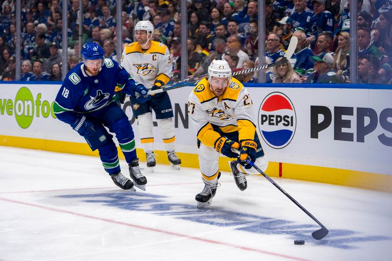 Apr 21, 2024; Vancouver, British Columbia, CAN; Vancouver Canucks forward Sam Lafferty (18) watches Nashville Predators defenseman Ryan McDonagh (27) handle the puck in the third period in game one of the first round of the 2024 Stanley Cup Playoffs at Rogers Arena. Mandatory Credit: Bob Frid-USA TODAY Sports