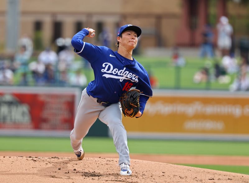 Mar 6, 2024; Phoenix, Arizona, USA; Los Angeles Dodgers pitcher Yoshinobu Yamamoto against the Chicago White Sox during a spring training baseball game at Camelback Ranch-Glendale. Mandatory Credit: Mark J. Rebilas-USA TODAY Sports