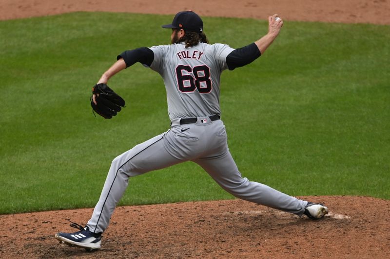 Sep 22, 2024; Baltimore, Maryland, USA;  Detroit Tigers pitcher Jason Foley (68) throws a ninth inning pitch against the Baltimore Orioles at Oriole Park at Camden Yards. Mandatory Credit: Tommy Gilligan-Imagn Images