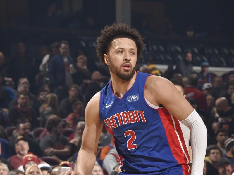 CLEVELAND, OH - JANUARY 31: Cade Cunningham #2 of the Detroit Pistons dribbles the ball during the game against the Cleveland Cavaliers on January 31, 2024 at Rocket Mortgage FieldHouse in Cleveland, Ohio. NOTE TO USER: User expressly acknowledges and agrees that, by downloading and/or using this Photograph, user is consenting to the terms and conditions of the Getty Images License Agreement. Mandatory Copyright Notice: Copyright 2024 NBAE (Photo by David Liam Kyle/NBAE via Getty Images)