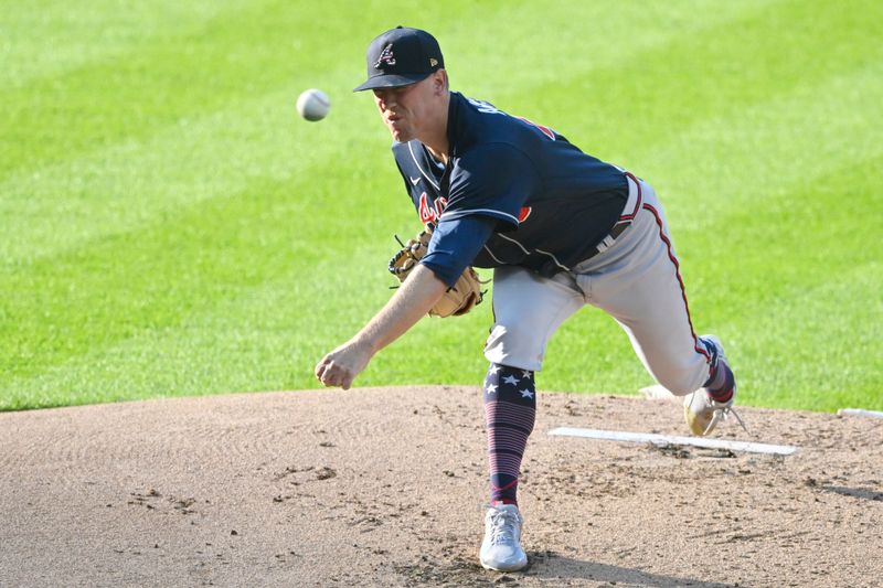 Jul 4, 2023; Cleveland, Ohio, USA; Atlanta Braves starting pitcher Kolby Allard (49) delivers a pitch in the first inning against the Cleveland Guardians at Progressive Field. Mandatory Credit: David Richard-USA TODAY Sports