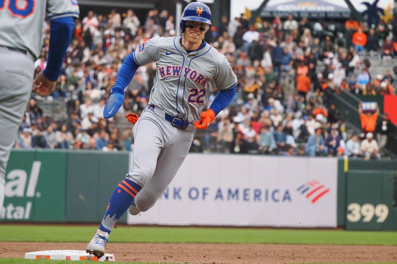 Apr 24, 2024; San Francisco, California, USA; New York Mets third baseman Brett Bailey (22) rounds third base for a run against the San Francisco Giants during the fifth inning at Oracle Park. Mandatory Credit: Kelley L Cox-USA TODAY Sports