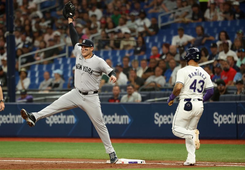 May 10, 2024; St. Petersburg, Florida, USA; New York Yankees first base Anthony Rizzo (48) forces out Tampa Bay Rays outfielder Harold Ramírez (43) during the second inning at Tropicana Field. Mandatory Credit: Kim Klement Neitzel-USA TODAY Sports