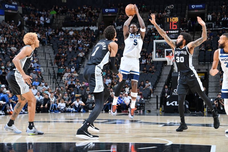 SAN ANTONIO, TX - NOVEMBER 2: Anthony Edwards #5 of the Minnesota Timberwolves shoots a three point basket during the game against the San Antonio Spurs on November 2, 2024 at the Frost Bank Center in San Antonio, Texas. NOTE TO USER: User expressly acknowledges and agrees that, by downloading and or using this photograph, user is consenting to the terms and conditions of the Getty Images License Agreement. Mandatory Copyright Notice: Copyright 2024 NBAE (Photos by Michael Gonzales/NBAE via Getty Images)