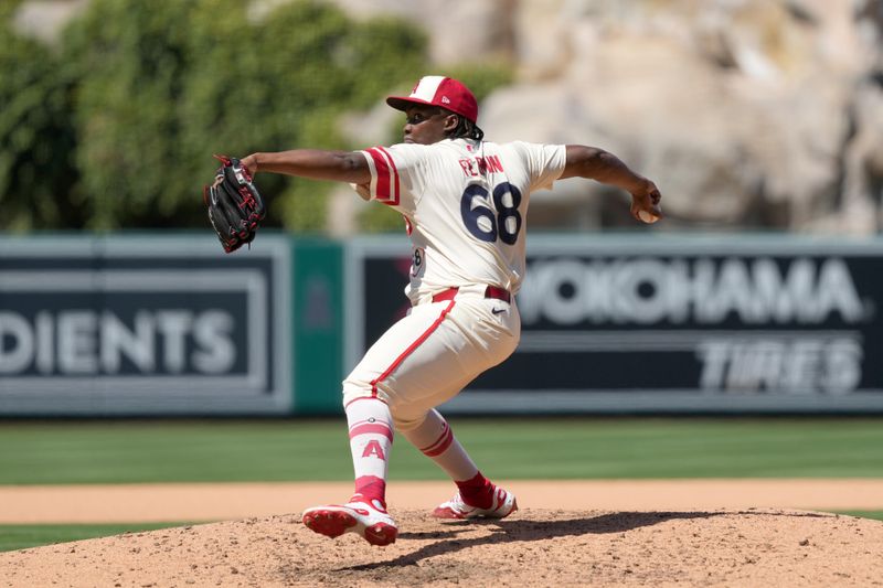 Jun 8, 2025; Anaheim, California, USA; Los Angeles Angels relief pitcher Jose Fermin (68) throws against the Seattle Mariners at Angel Stadium. Mandatory Credit: Kirby Lee-Imagn Images