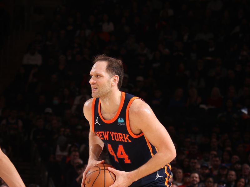 NEW YORK, NY - FEBRUARY 26: Bojan Bogdanovic #44 of the New York Knicks looks to pass the ball during the game against the Detroit Pistons on February 26, 2024 at Madison Square Garden in New York City, New York.  NOTE TO USER: User expressly acknowledges and agrees that, by downloading and or using this photograph, User is consenting to the terms and conditions of the Getty Images License Agreement. Mandatory Copyright Notice: Copyright 2024 NBAE  (Photo by Nathaniel S. Butler/NBAE via Getty Images)