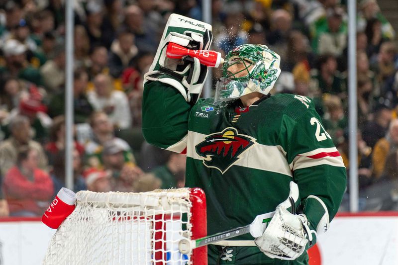 Feb 9, 2024; Saint Paul, Minnesota, USA; Minnesota Wild goaltender Marc-Andre Fleury (29) during a break against the Pittsburgh Penguins in the first period at Xcel Energy Center. Mandatory Credit: Matt Blewett-USA TODAY Sports