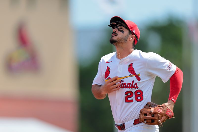 Mar 15, 2025; Jupiter, Florida, USA; St. Louis Cardinals third baseman Nolan Arenado (28) reacts against the Toronto Blue Jays during the first inning at Roger Dean Chevrolet Stadium. Mandatory Credit: Sam Navarro-Imagn Images