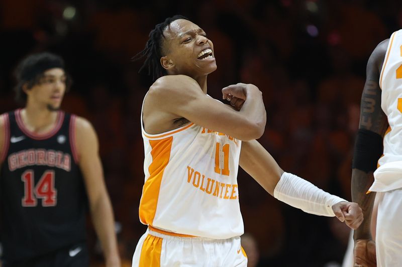 Jan 15, 2025; Knoxville, Tennessee, USA; Tennessee Volunteers guard Jordan Gainey (11) celebrates after a play against the Georgia Bulldogs during the second half at Thompson-Boling Arena at Food City Center. Mandatory Credit: Randy Sartin-Imagn Images