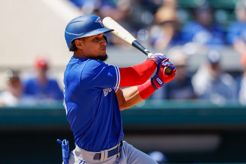 Mar 21, 2022; Lakeland, Florida, USA; Toronto Blue Jays second baseman Santiago Espinal (5) singles in the fifth inning against the Detroit Tigers during spring training at Publix Field at Joker Marchant Stadium. Mandatory Credit: Nathan Ray Seebeck-USA TODAY Sports