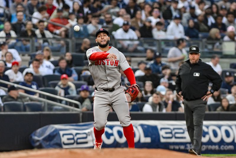 Jun 8, 2025; Bronx, New York, USA; Boston Red Sox first baseman Abraham Toro (29) throws to first base for an out during the second inning against the New York Yankees at Yankee Stadium. Mandatory Credit: John Jones-Imagn Images