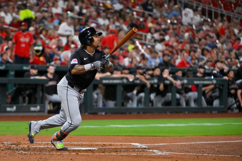 Sep 20, 2024; St. Louis, Missouri, USA; Cleveland Guardians third baseman Jose Ramirez (11) hits a one run single against the St. Louis Cardinals during the third inning at Busch Stadium. at Busch Stadium. Mandatory Credit: Jeff Curry-Imagn Images