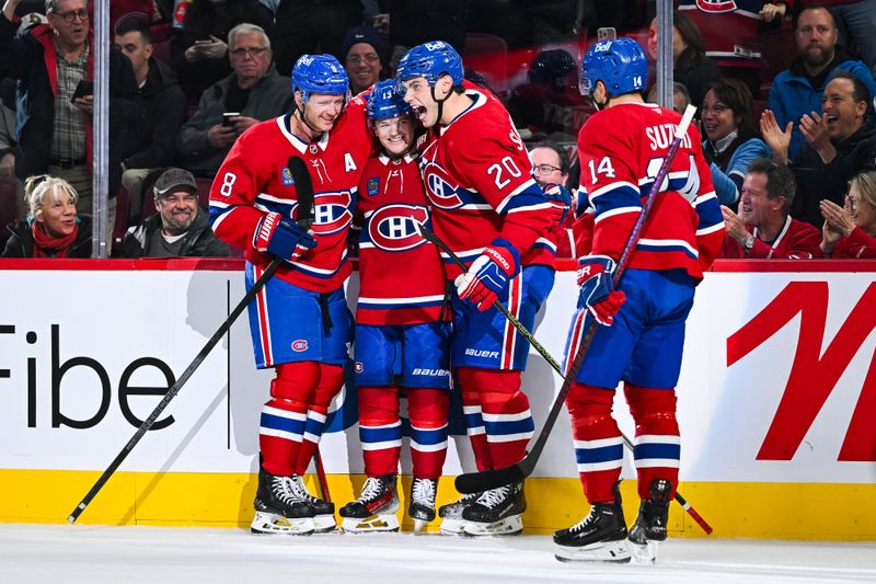 Oct 12, 2024; Montreal, Quebec, CAN; Montreal Canadiens right wing Cole Caufield (13) celebrates with defenseman Mike Matheson (8), center Nick Suzuki (14) and left wing Juraj Slafkovsky (20) after scoring a goal against the Ottawa Senators during the first period at Bell Centre. Mandatory Credit: David Kirouac-Imagn Images