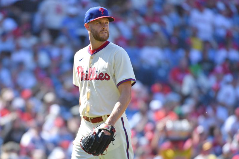 Apr 14, 2024; Philadelphia, Pennsylvania, USA; Philadelphia Phillies pitcher Zack Wheeler (45) walks off the  field after giving up a grands slam home run against the Pittsburgh Pirates during the sixth inning at Citizens Bank Park. Mandatory Credit: Eric Hartline-USA TODAY Sports