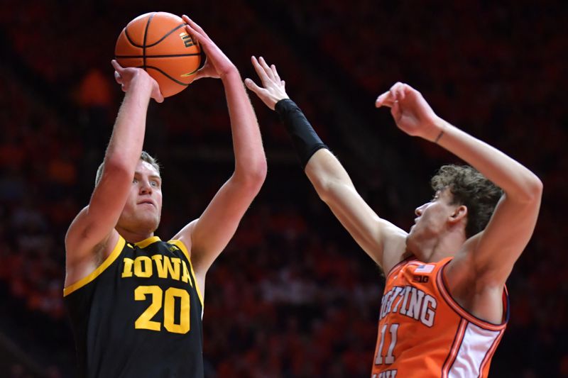 Feb 24, 2024; Champaign, Illinois, USA;  Iowa Hawkeyes forward Payton Sandfort (20) shoots the ball over Illinois Fighting Illini guard Niccolo Moretti (11) during the second half at State Farm Center. Mandatory Credit: Ron Johnson-USA TODAY Sports