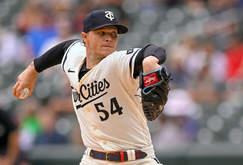 Sep 28, 2023; Minneapolis, Minnesota, USA; Minnesota Twins pitcher Sonny Gray (54) delivers a pitch against the Oakland Athletics during the first inning at Target Field. Mandatory Credit: Nick Wosika-USA TODAY Sports