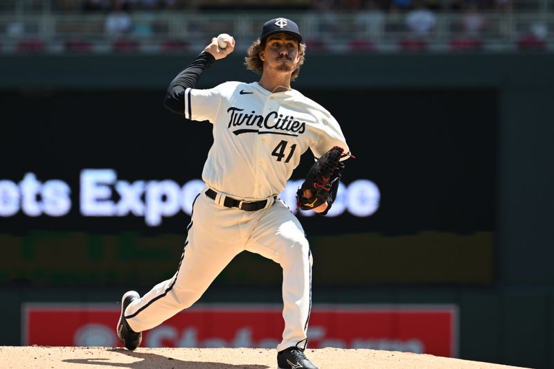 Jul 9, 2023; Minneapolis, Minnesota, USA; Minnesota Twins starting pitcher Joe Ryan (41) throws a pitch against the Baltimore Orioles during the first inning at Target Field. Mandatory Credit: Jeffrey Becker-USA TODAY Sports