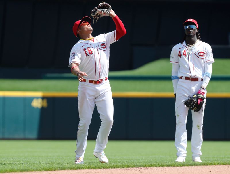 Aug 20, 2023; Cincinnati, Ohio, USA; Cincinnati Reds Noelvi Martels (16) fields a fly ball against the Toronto Blue Jays during the sixth inning at Great American Ball Park. Mandatory Credit: David Kohl-USA TODAY Sports