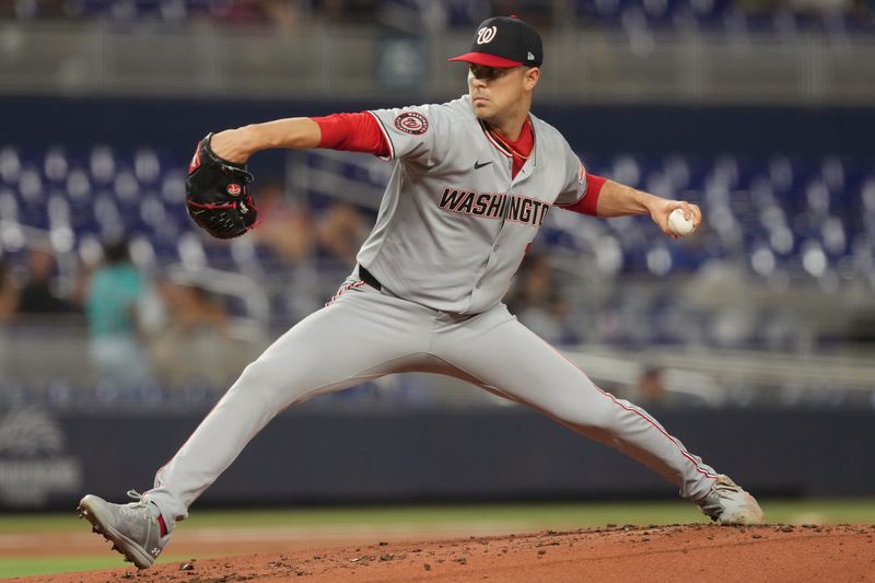 Sep 11, 2025; Miami, Florida, USA;  Washington Nationals starting pitcher MacKenzie Gore (1) pitches in the first inning against the Miami Marlins at loanDepot Park. Mandatory Credit: Jim Rassol-Imagn Images