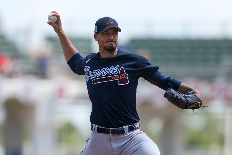 Mar 28, 2023; Fort Myers, Florida, USA;  Atlanta Braves starting pitcher Charlie Morton (50) throws a pitch against the Boston Red Sox in the first inning during spring training at JetBlue Park at Fenway South. Mandatory Credit: Nathan Ray Seebeck-USA TODAY Sports