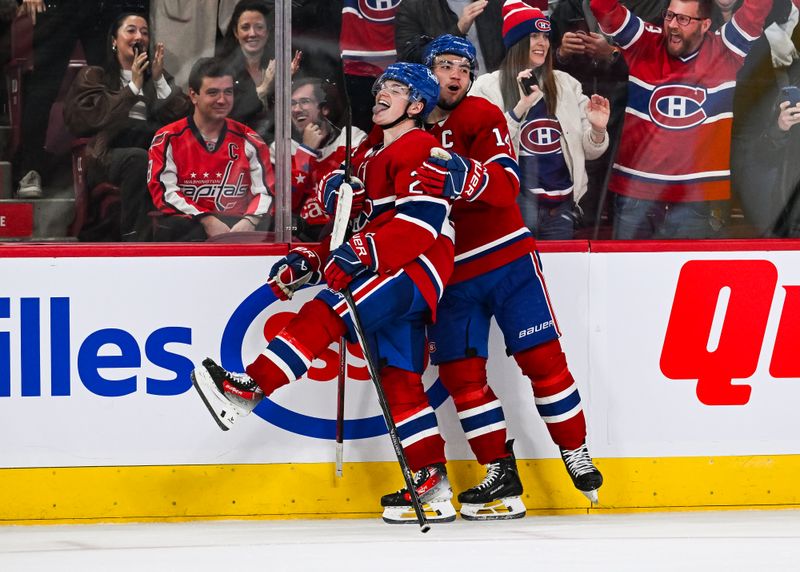 Oct 21, 2023; Montreal, Quebec, CAN; Montreal Canadiens right wing Cole Caufield (22) celebrates with center Nick Suzuki (14) his winning goal against the Washington Capitals with his teammates during overtime at Bell Centre. Mandatory Credit: David Kirouac-USA TODAY Sports