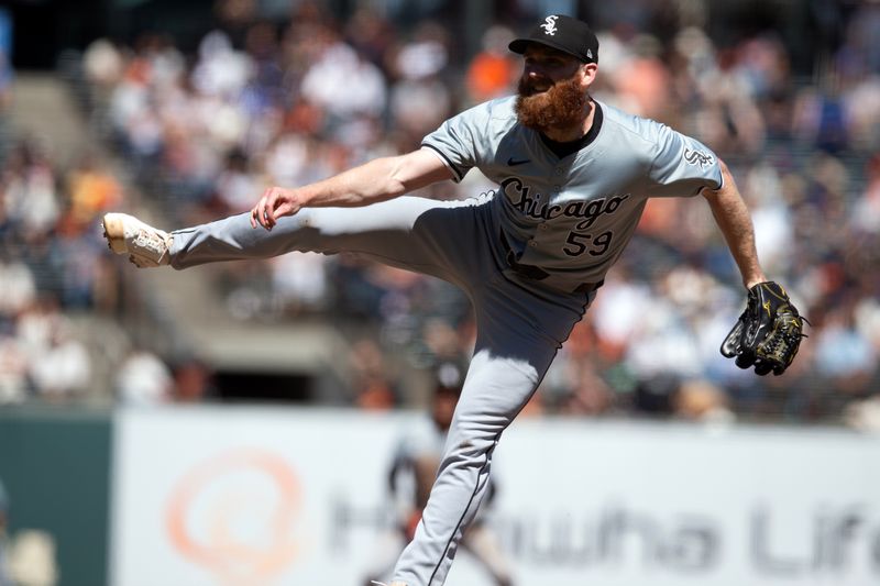 Aug 21, 2024; San Francisco, California, USA; Chicago White Sox pitcher John Brebbia (59) delivers a pitch against the San Francisco Giants during the ninth inning at Oracle Park. Mandatory Credit: D. Ross Cameron-USA TODAY Sports