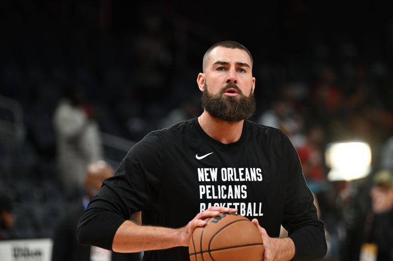 ATLANTA, GEORGIA - MARCH 10: Jonas Valanciunas #17 of New Orleans Pelicans warms up before the game against the Atlanta Hawks at State Farm Arena on March 10, 2024 in Atlanta, Georgia. NOTE TO USER: User expressly acknowledges and agrees that, by downloading and or using this photograph, User is consenting to the terms and conditions of the Getty Images License Agreement. (Photo by Paras Griffin/Getty Images)