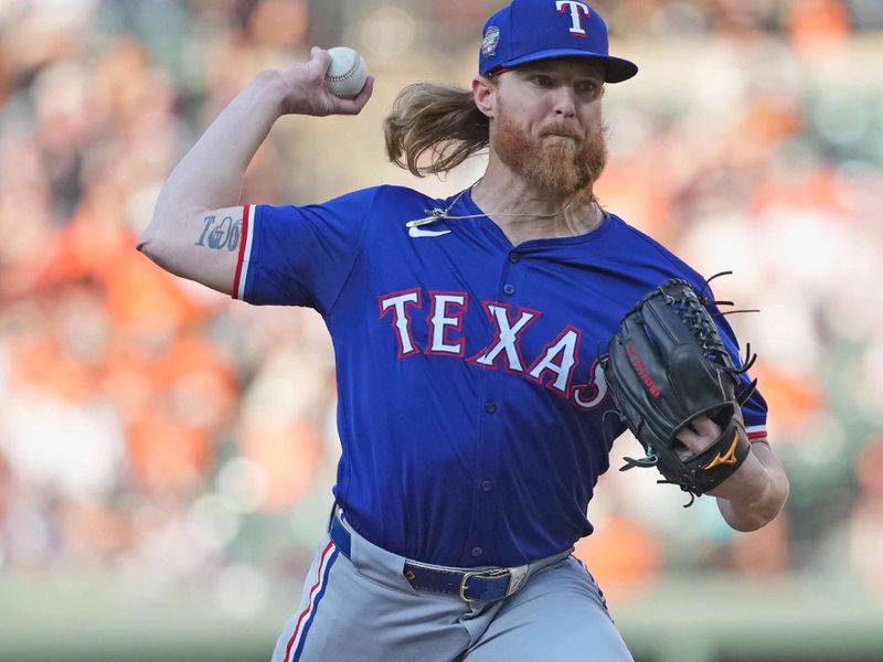 Jun 27, 2024; Baltimore, Maryland, USA; Texas Rangers pitcher Jon Gray (22) delivers in the first inning against the Baltimore Orioles at Oriole Park at Camden Yards. Mandatory Credit: Mitch Stringer-USA TODAY Sports