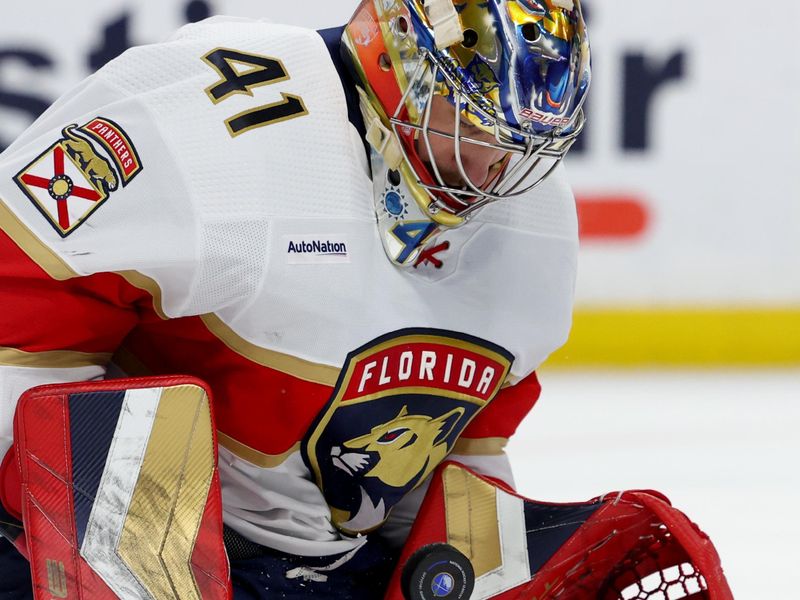 Feb 15, 2024; Buffalo, New York, USA;  Florida Panthers goaltender Anthony Stolarz (41) makes a save during the second period against the Buffalo Sabres at KeyBank Center. Mandatory Credit: Timothy T. Ludwig-USA TODAY Sports