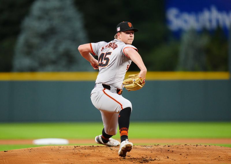 Jul 19, 2024; Denver, Colorado, USA; San Francisco Giants pitcher Kyle Harrison (45) delivers the ball in first inning against the Colorado Rockies at Coors Field. Mandatory Credit: Ron Chenoy-USA TODAY Sports