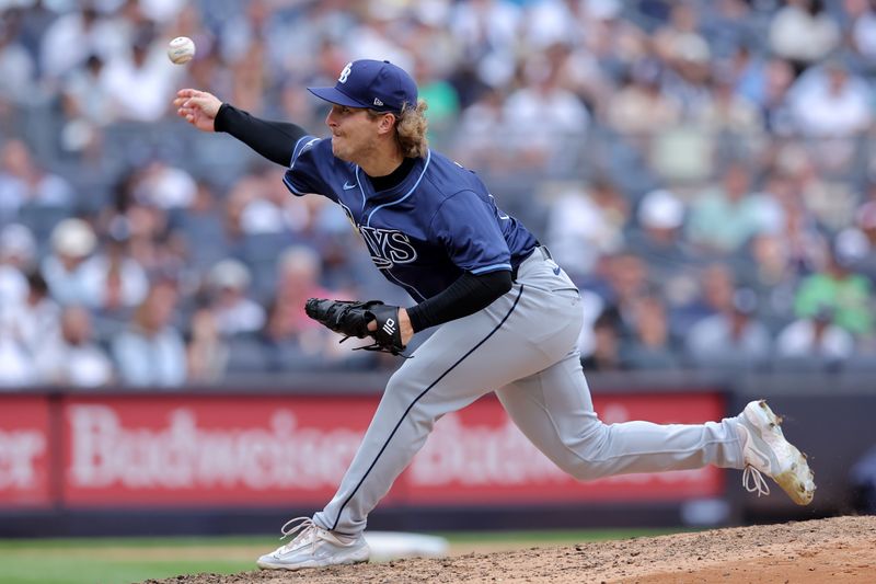 Jul 22, 2024; Bronx, New York, USA; Tampa Bay Rays relief pitcher Tyler Zuber (53) pitches against the New York Yankees during the sixth inning at Yankee Stadium. Mandatory Credit: Brad Penner-USA TODAY Sports