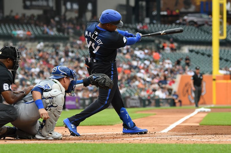 Aug 2, 2024; Detroit, Michigan, USA;  Detroit Tigers designated hitter Justyn-Henry Malloy (44) hits a two-run home run against the Kansas City Royals in the first inning at Comerica Park. Mandatory Credit: Lon Horwedel-USA TODAY Sports