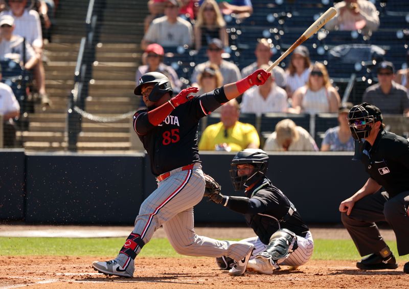 Feb 26, 2024; Tampa, Florida, USA;  Minnesota Twins catcher Jair Camargo (85)  singles during the third inning against the New York Yankeesat George M. Steinbrenner Field. Mandatory Credit: Kim Klement Neitzel-USA TODAY Sports