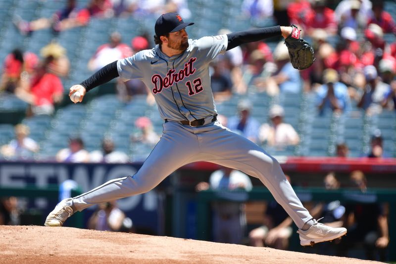 Jun 27, 2024; Anaheim, California, USA; Detroit Tigers pitcher Casey Mize (12) throws against the Los Angeles Angels during the first inning at Angel Stadium. Mandatory Credit: Gary A. Vasquez-USA TODAY Sports