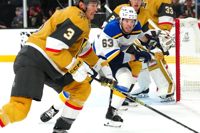 Oct 11, 2024; Las Vegas, Nevada, USA; St. Louis Blues left wing Jake Neighbours (63) skates against the Vegas Golden Knights during the first period at T-Mobile Arena. Mandatory Credit: Stephen R. Sylvanie-Imagn Images